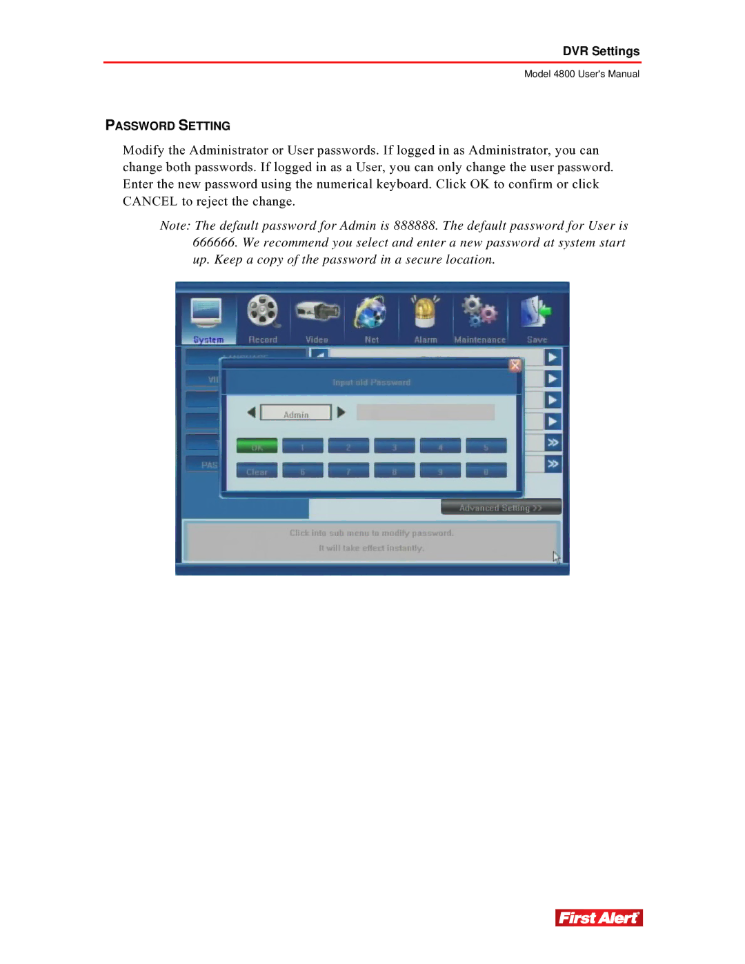 First Alert 4800 user manual Password Setting 