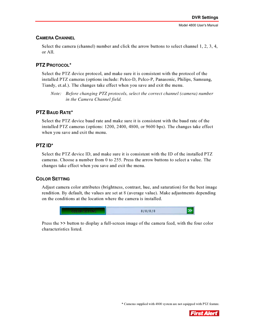 First Alert 4800 user manual PTZ Baud Rate 