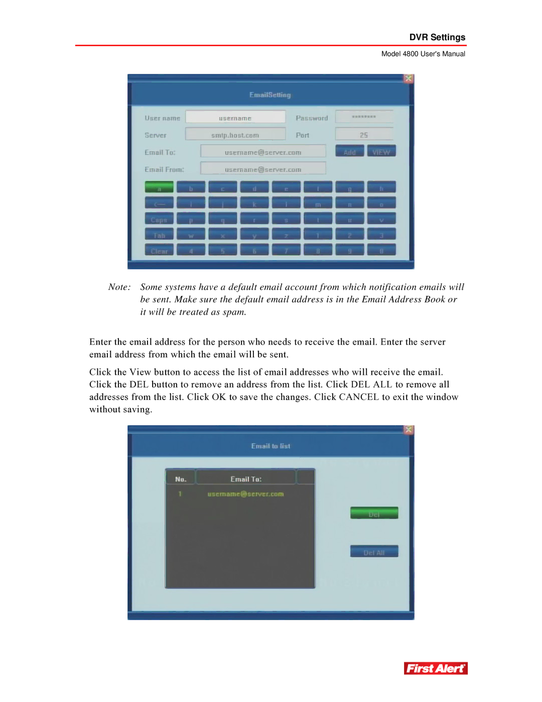 First Alert 4800 user manual DVR Settings 