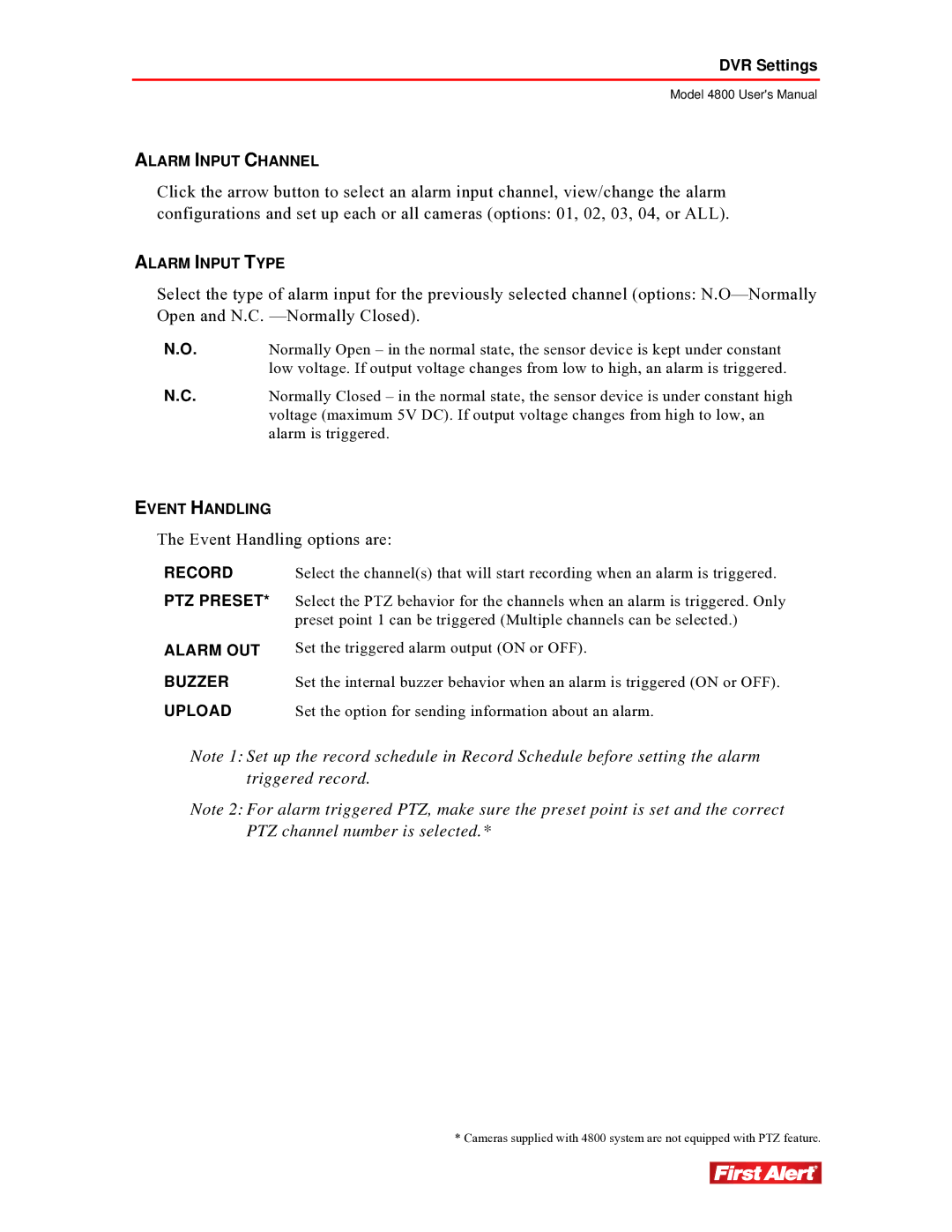 First Alert 4800 user manual Event Handling options are 