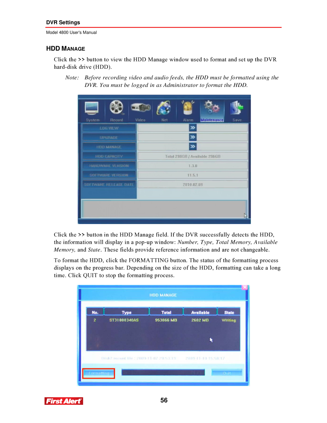 First Alert 4800 user manual HDD Manage 