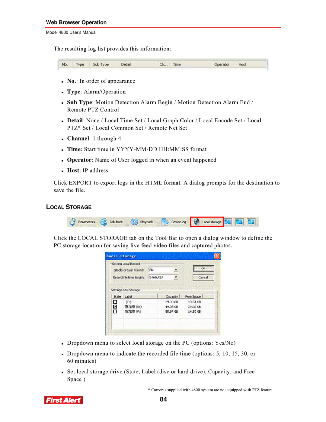 First Alert 4800 user manual Local Storage 