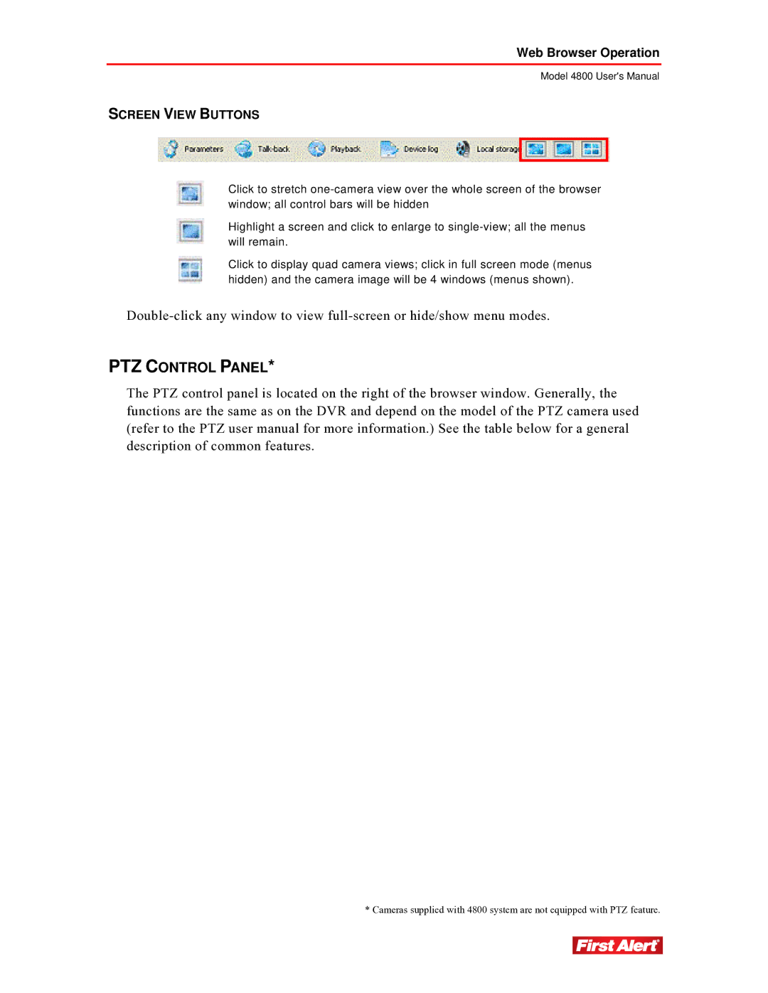 First Alert 4800 user manual PTZ Control Panel, Screen View Buttons 