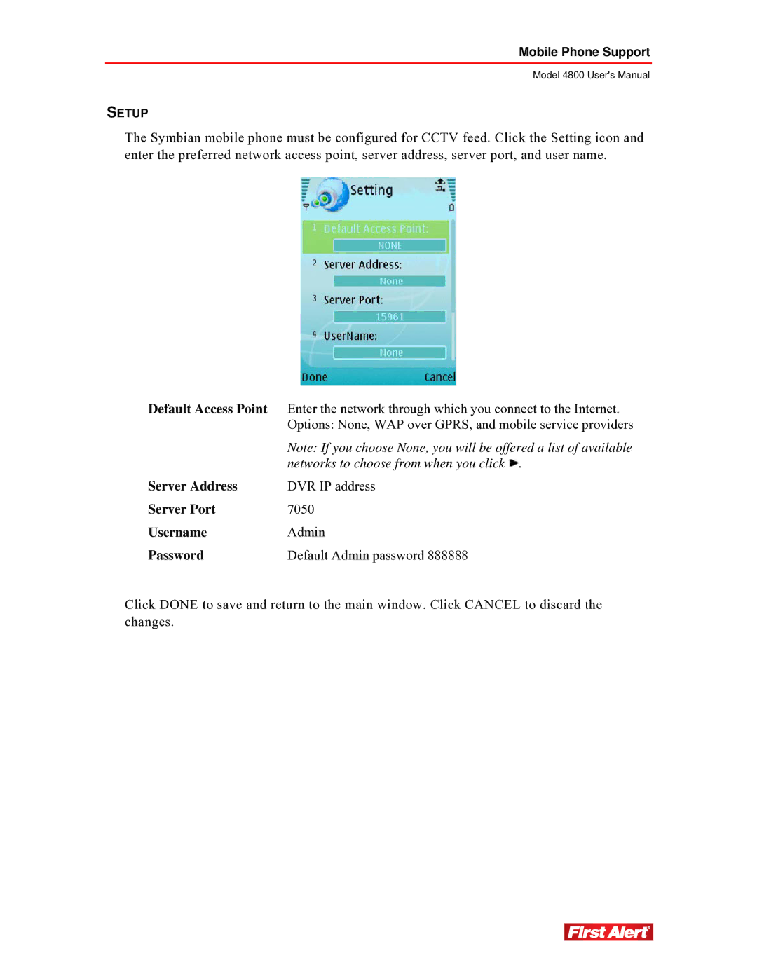 First Alert 4800 user manual Server Address 