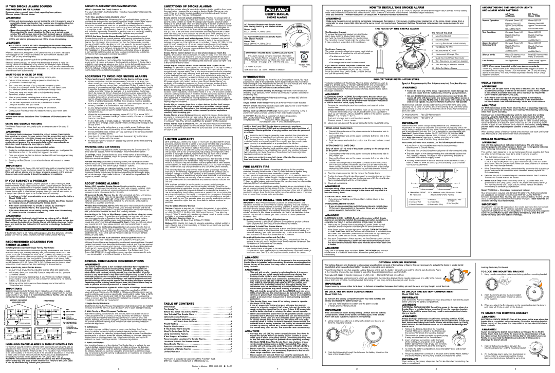 First Alert 7010BUS user manual If this Smoke Alarm Sounds, Limitations of Smoke Alarms, USER’S Manual, Introduction 