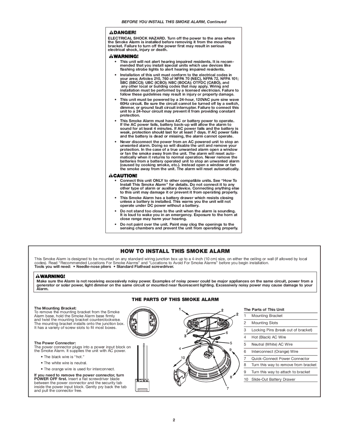 First Alert 7020b user manual HOW to Install this Smoke Alarm, Parts of this Smoke Alarm, Mounting Bracket, Power Connector 