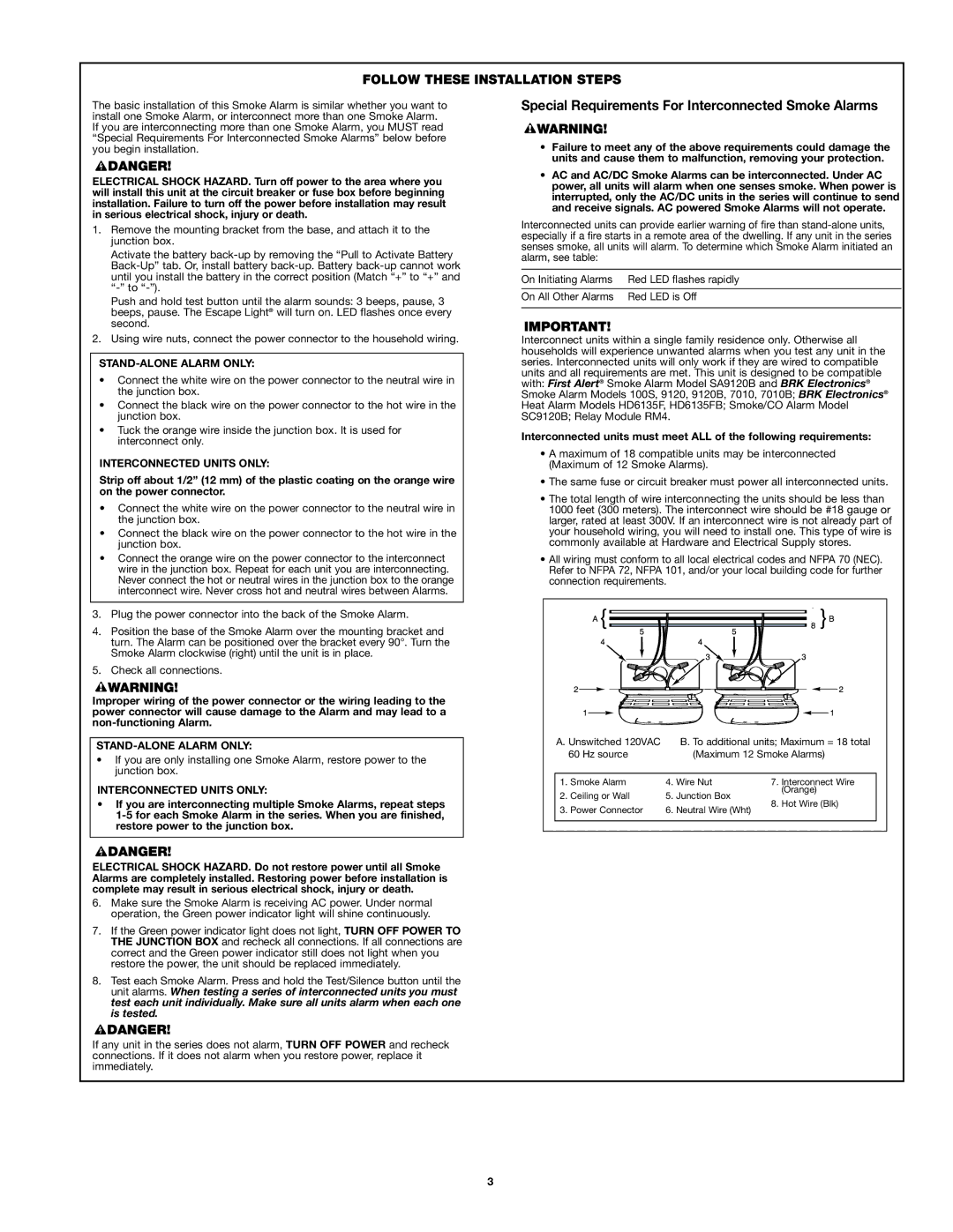 First Alert 7020b user manual Follow These Installation Steps, STAND-ALONE Alarm only, Interconnected Units only 