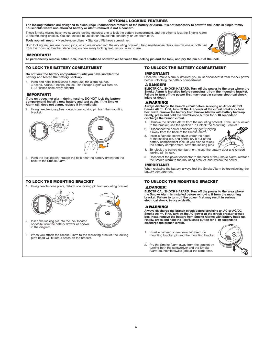 First Alert 7020b user manual Optional Locking Features, To Lock the Battery Compartment, To Unlock the Battery Compartment 