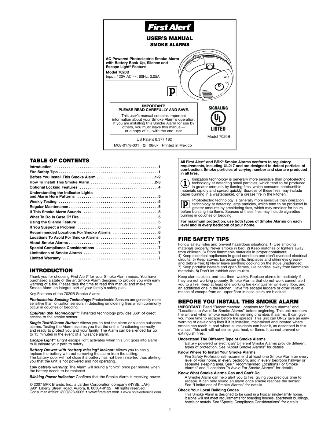 First Alert 7020b user manual Table Of Contents, Introduction, Fire Safety Tips, Before You Install This Smoke Alarm 