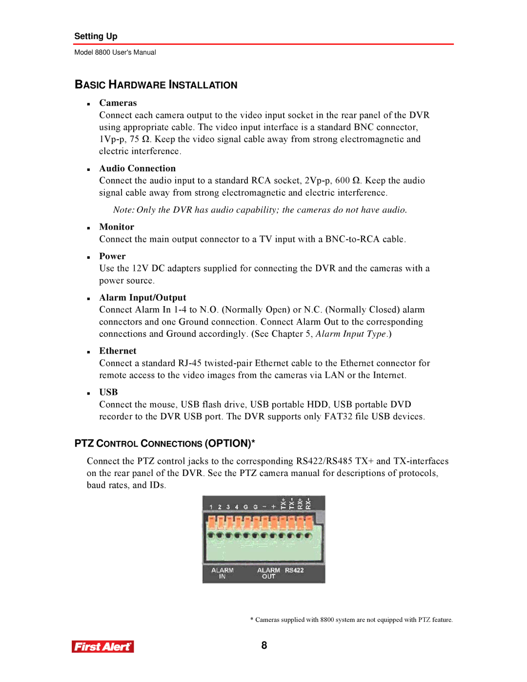 First Alert 8800 user manual Basic Hardware Installation,  Cameras 