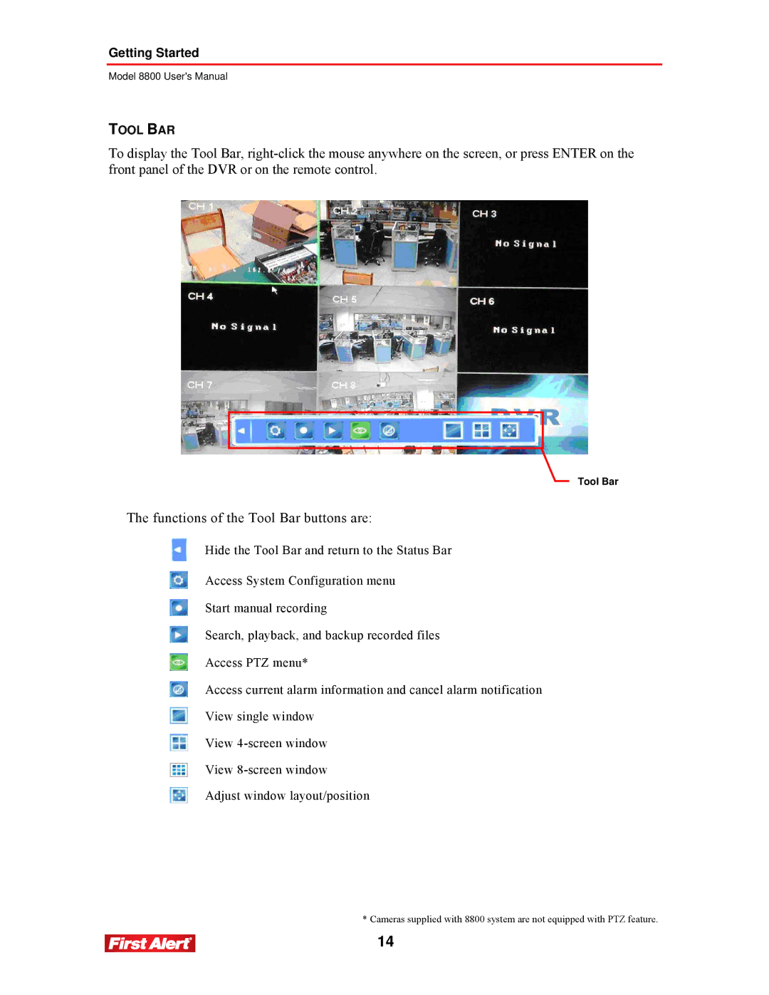 First Alert 8800 user manual Functions of the Tool Bar buttons are 