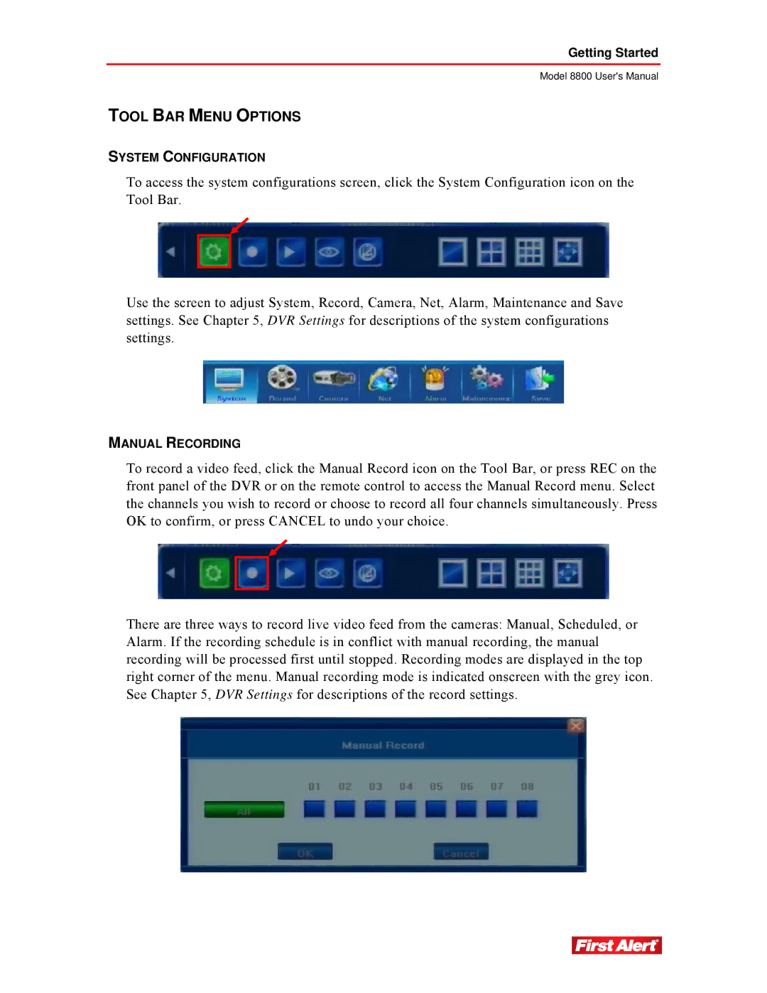 First Alert 8800 user manual Tool BAR Menu Options 