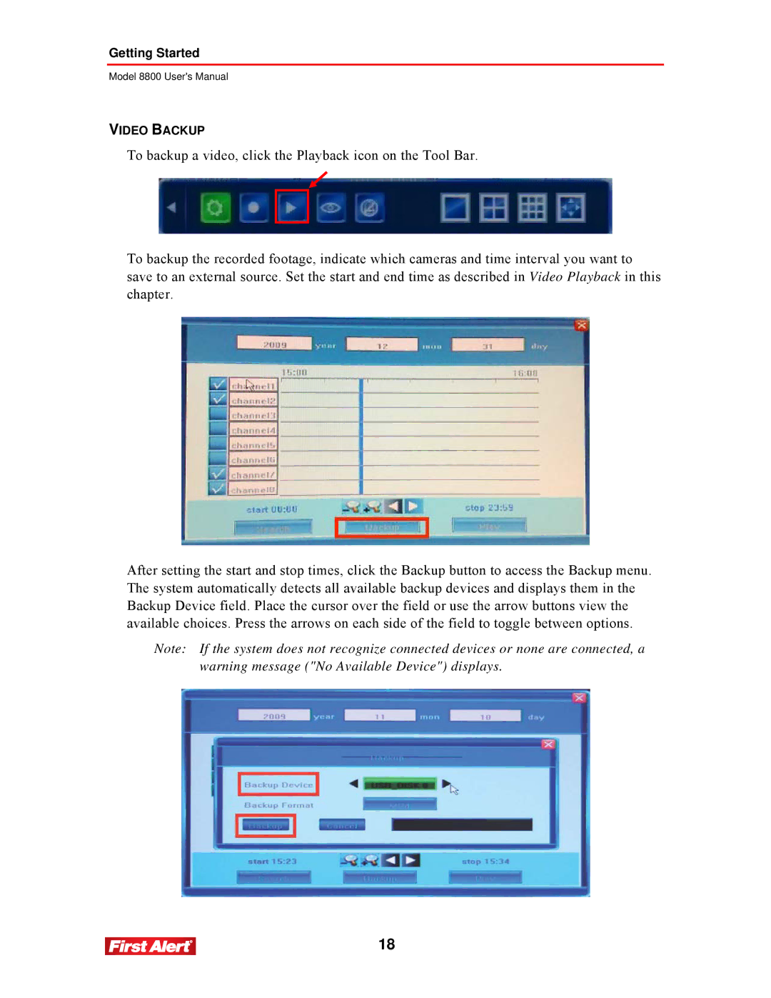 First Alert 8800 user manual Video Backup 