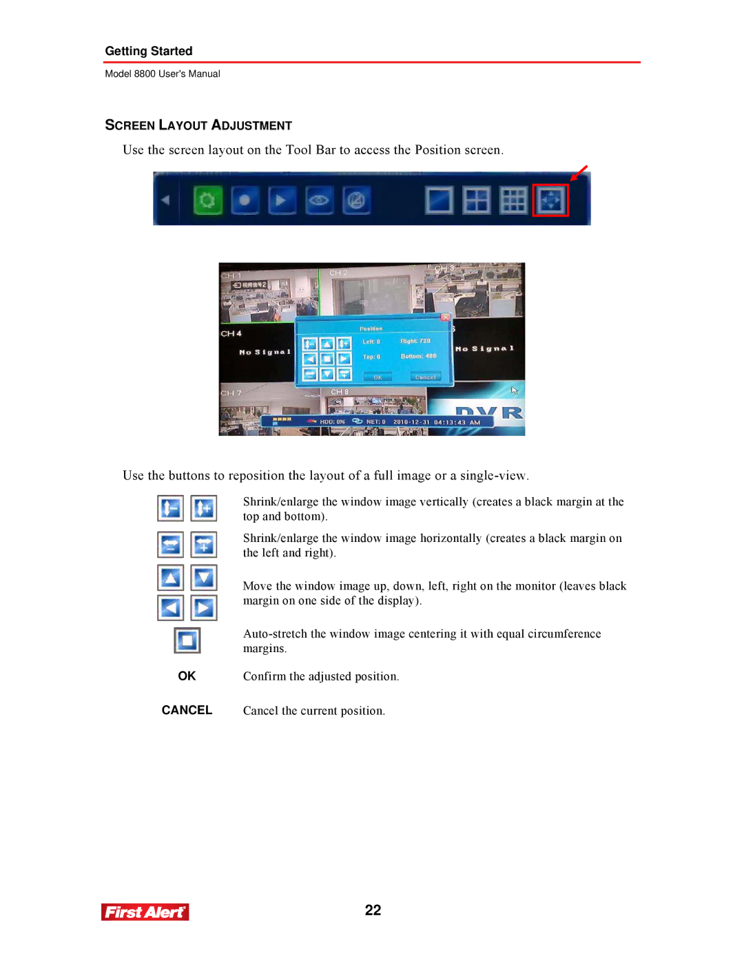 First Alert 8800 user manual Screen Layout Adjustment 