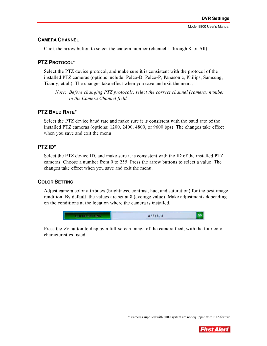 First Alert 8800 user manual PTZ Baud Rate 