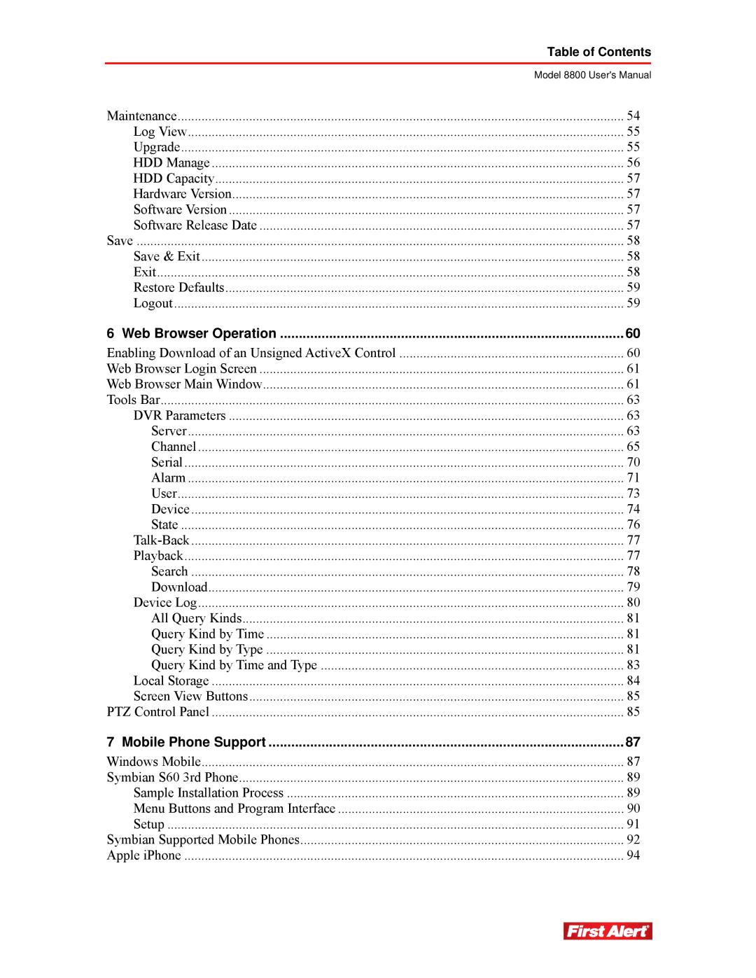 First Alert 8800 user manual Mobile Phone Support 