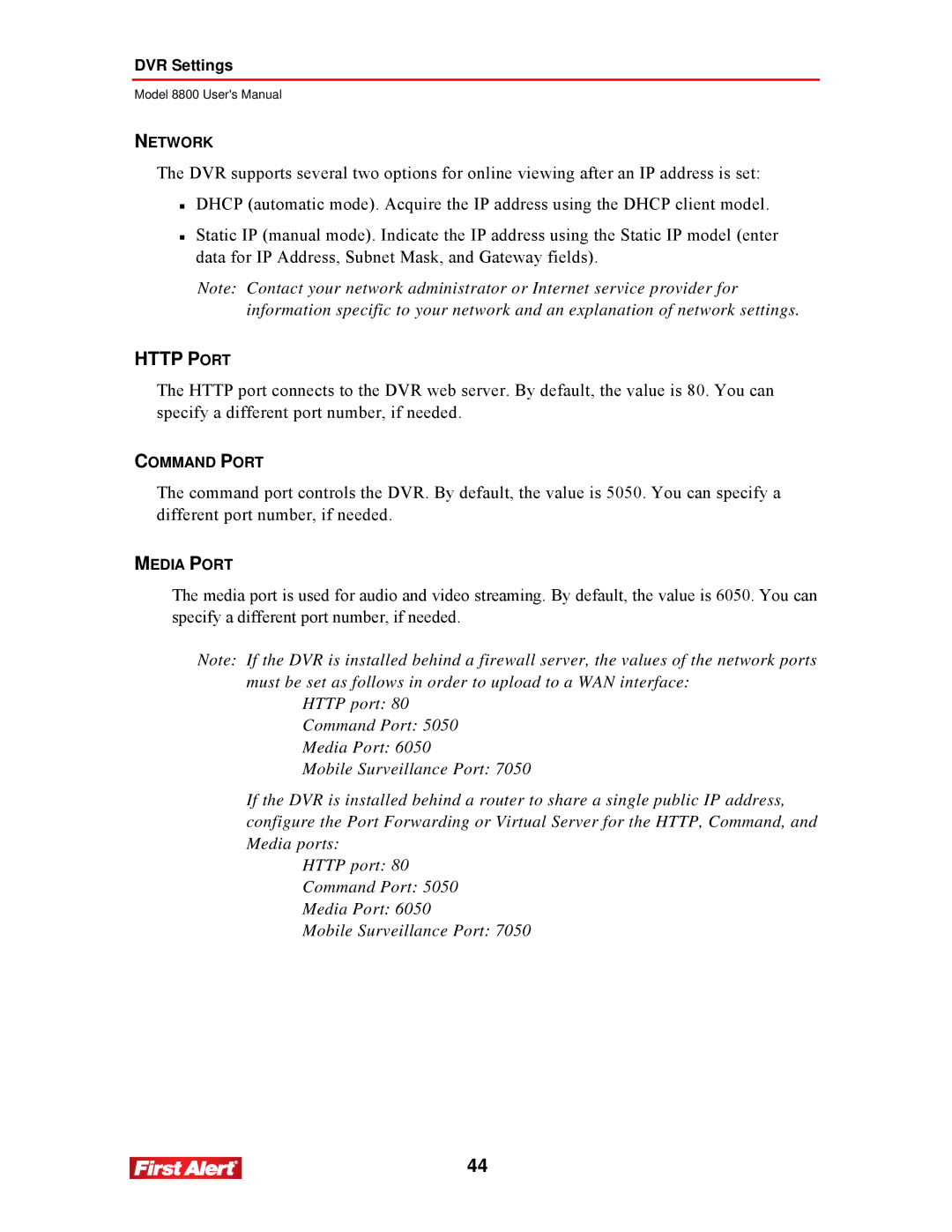 First Alert 8800 user manual Http Port 