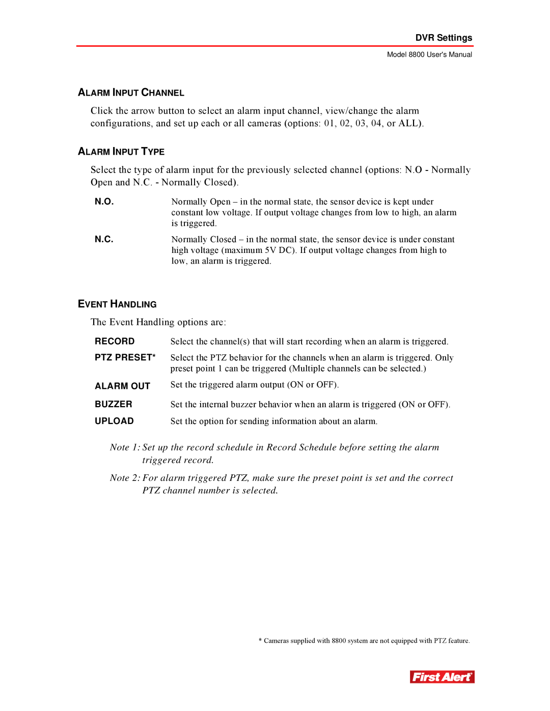 First Alert 8800 user manual Event Handling options are 