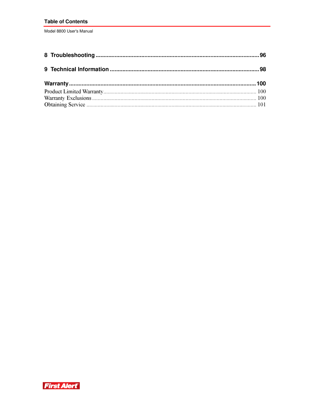 First Alert 8800 user manual Warranty 100 