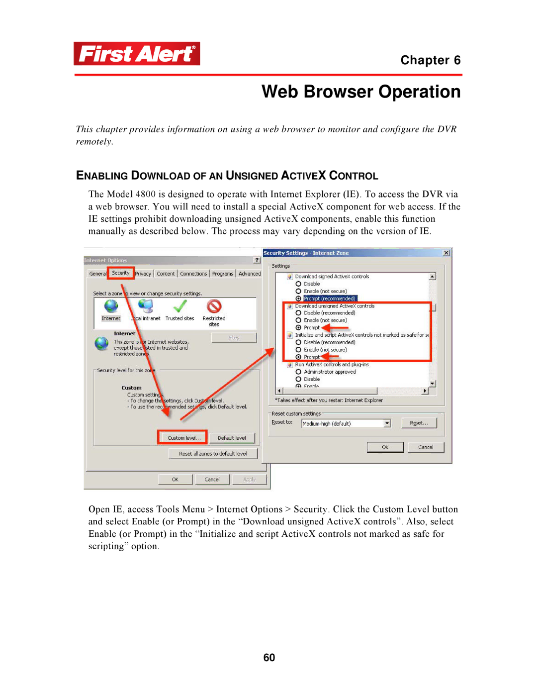 First Alert 8800 user manual Web Browser Operation, Enabling Download of AN Unsigned Activex Control 