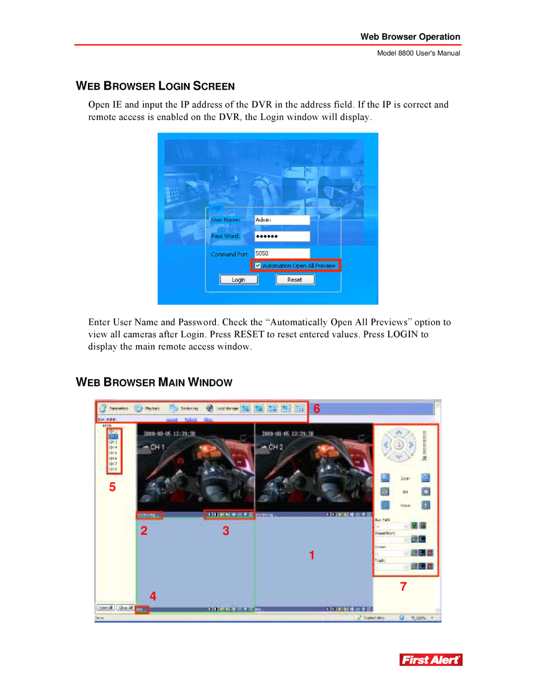 First Alert 8800 user manual WEB Browser Login Screen, WEB Browser Main Window 