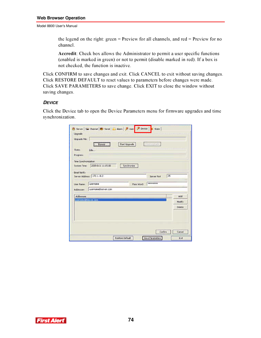 First Alert 8800 user manual Device 