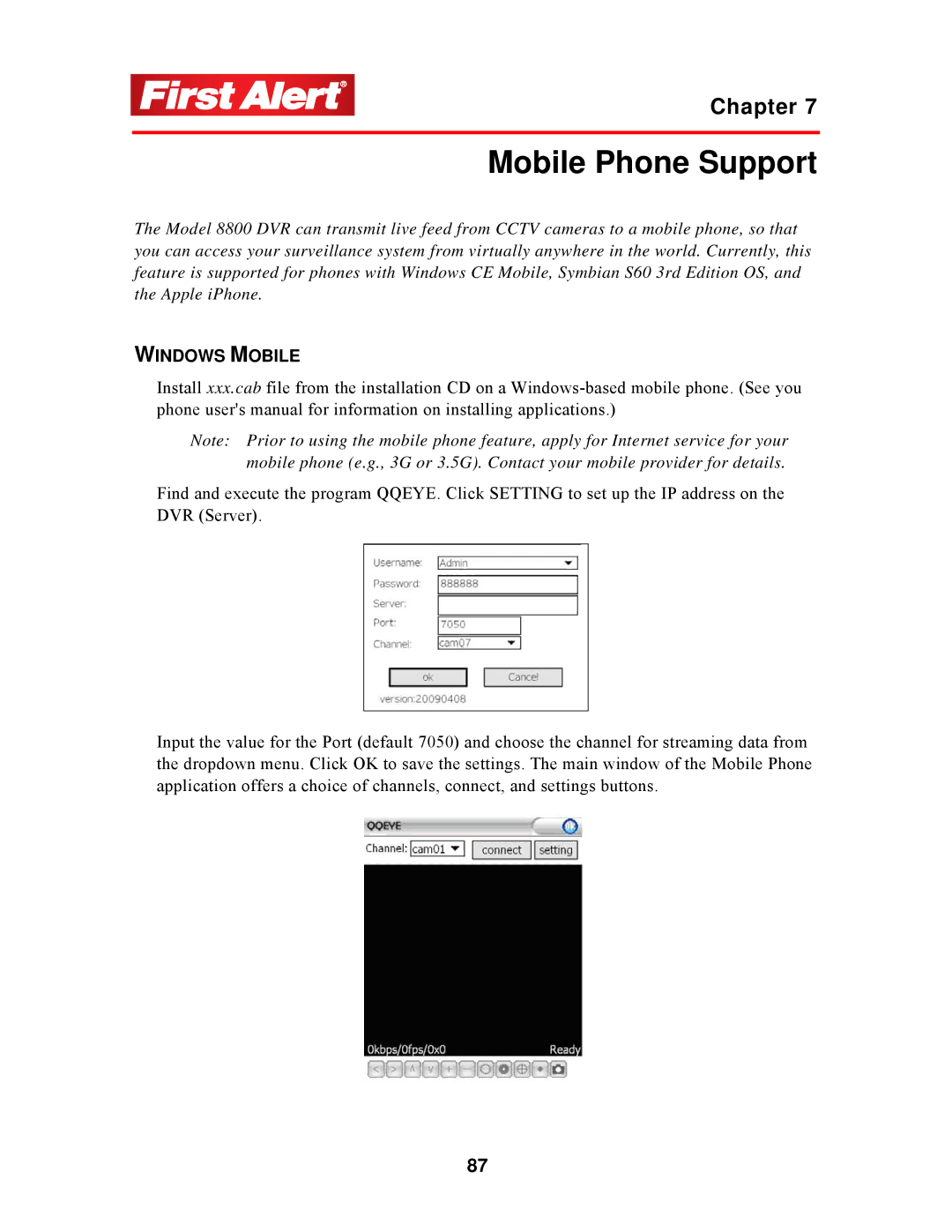 First Alert 8800 user manual Mobile Phone Support, Windows Mobile 