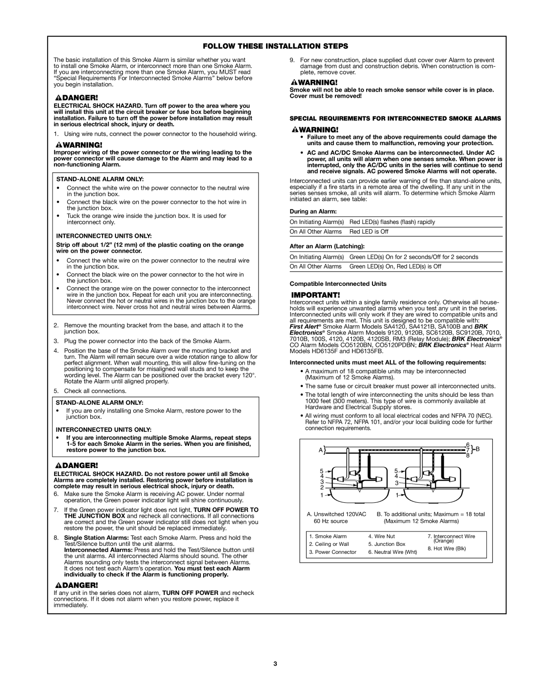 First Alert 9120B user manual Follow These Installation Steps, During an Alarm, After an Alarm Latching 