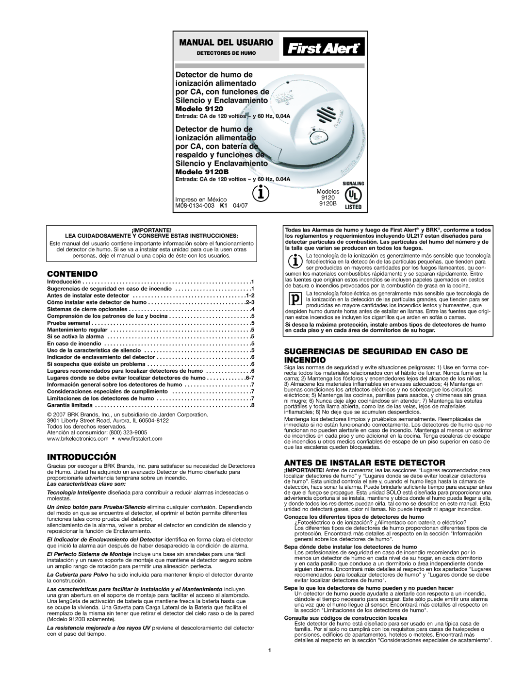 First Alert 9120B manual Manual DEL Usuario, Contenido, Sugerencias DE Seguridad EN Caso DE Incendio, Introducción 