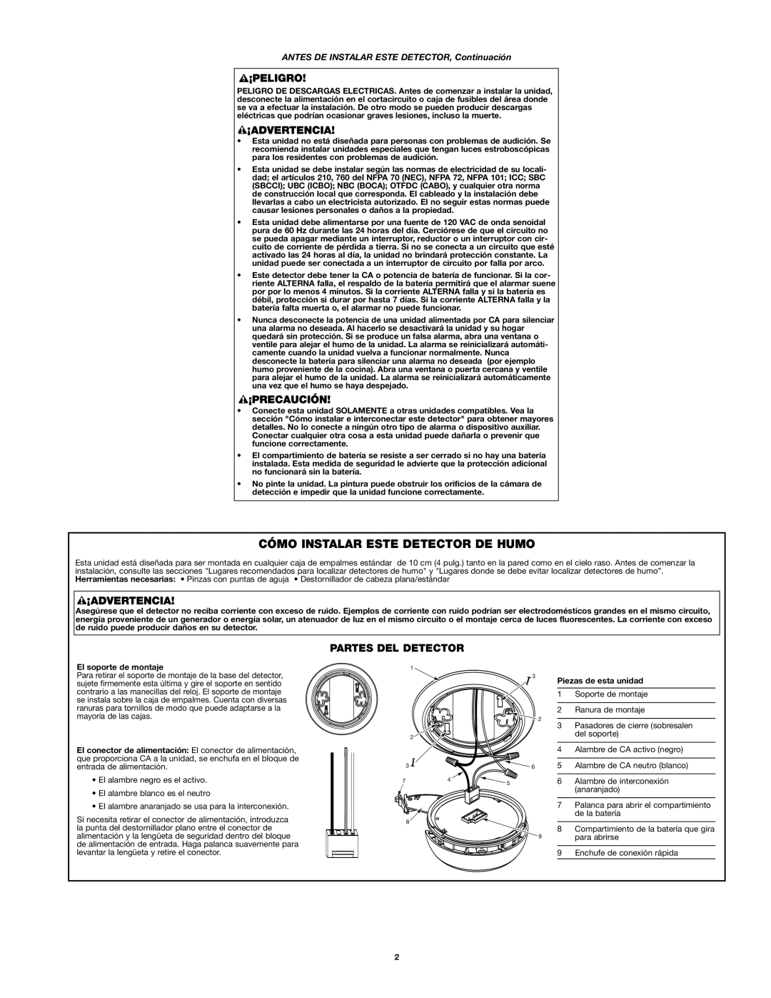 First Alert 9120 Cómo Instalar Este Detector DE Humo, Partes DEL Detector, Antes DE Instalar Este DETECTOR, Continuación 