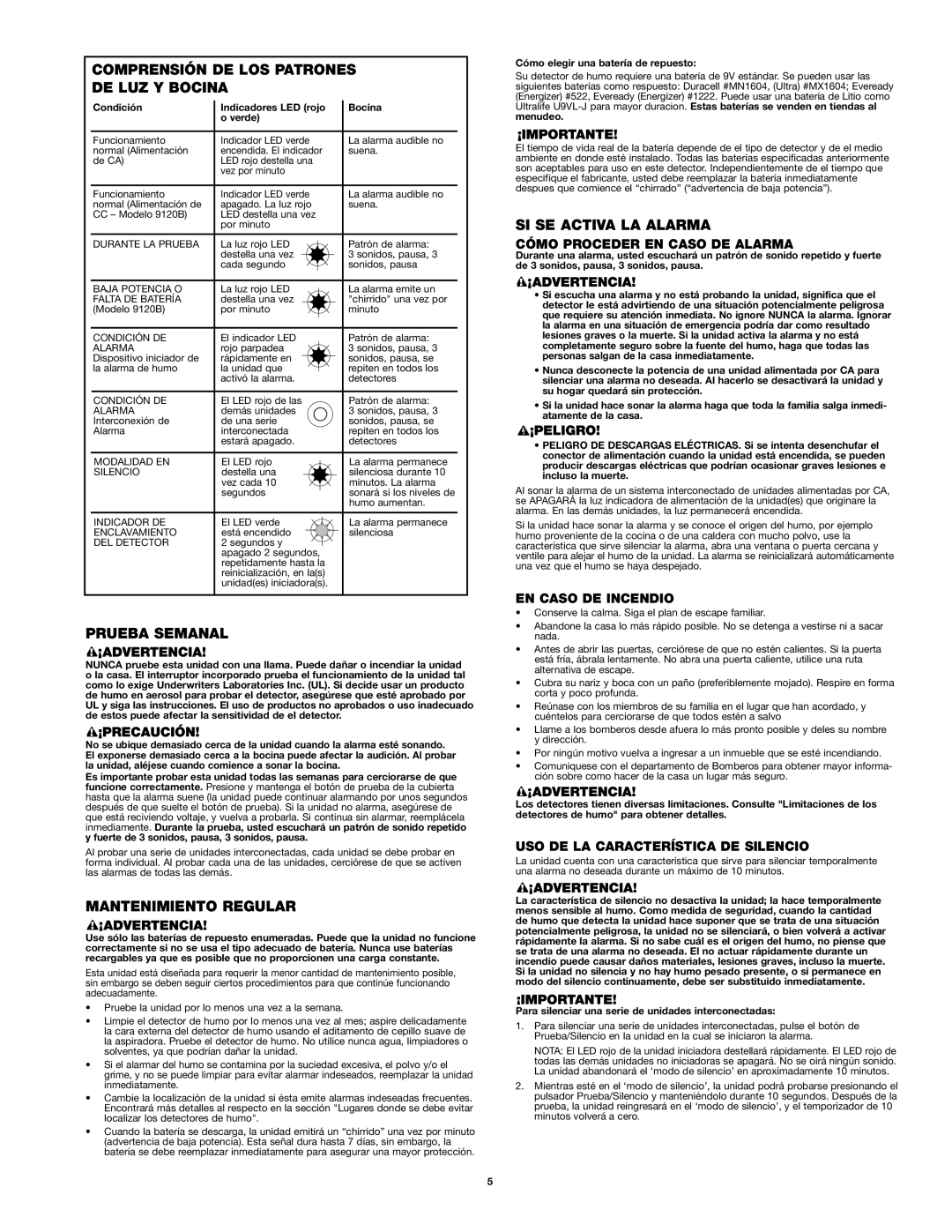 First Alert 9120B manual Comprensión DE LOS Patrones DE LUZ Y Bocina, Prueba Semanal, Mantenimiento Regular 