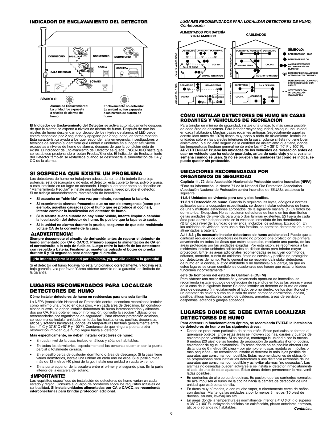 First Alert 9120B manual SI Sospecha QUE Existe UN Problema, Lugares Recomendados Para Localizar Detectores DE Humo 