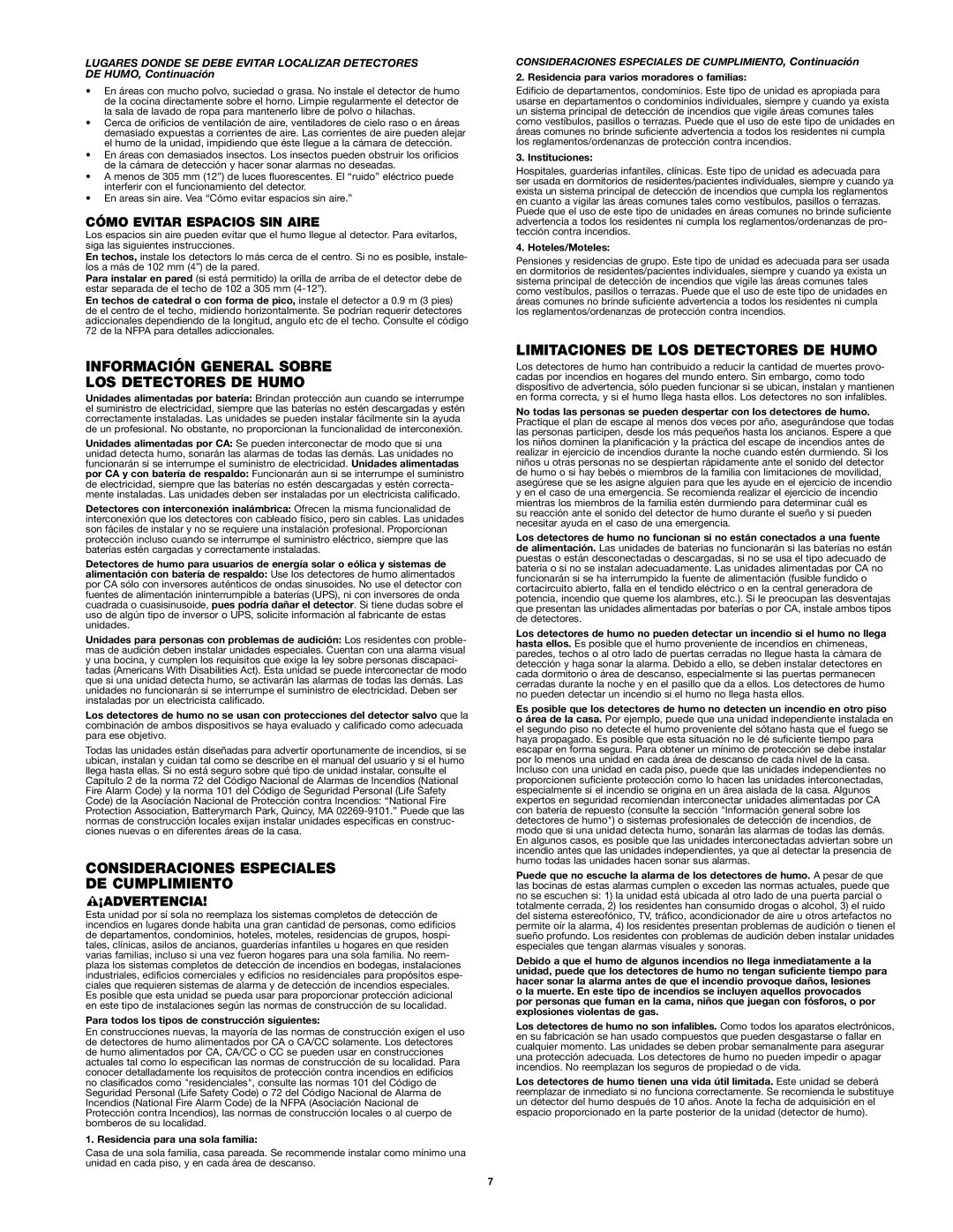 First Alert 9120B manual Información General Sobre LOS Detectores DE Humo, Consideraciones Especiales DE Cumplimiento 