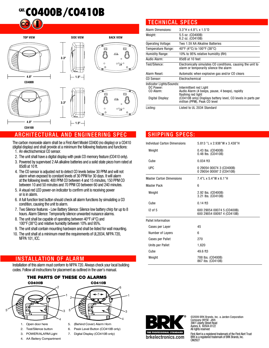 First Alert C0400B, C0410B manual Architectural and Engineering Spec, Installation of Alarm, Technical Specs, Shipping Specs 