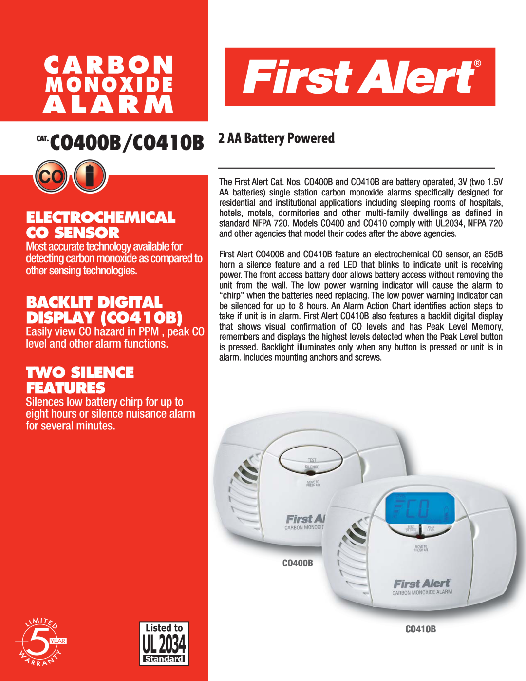 First Alert C0410B manual Alarm, Carbon, Monoxide, CAT.CO400B/CO410B, BACKLIT DIGITAL DISPLAY CO410B, Two Silence Features 