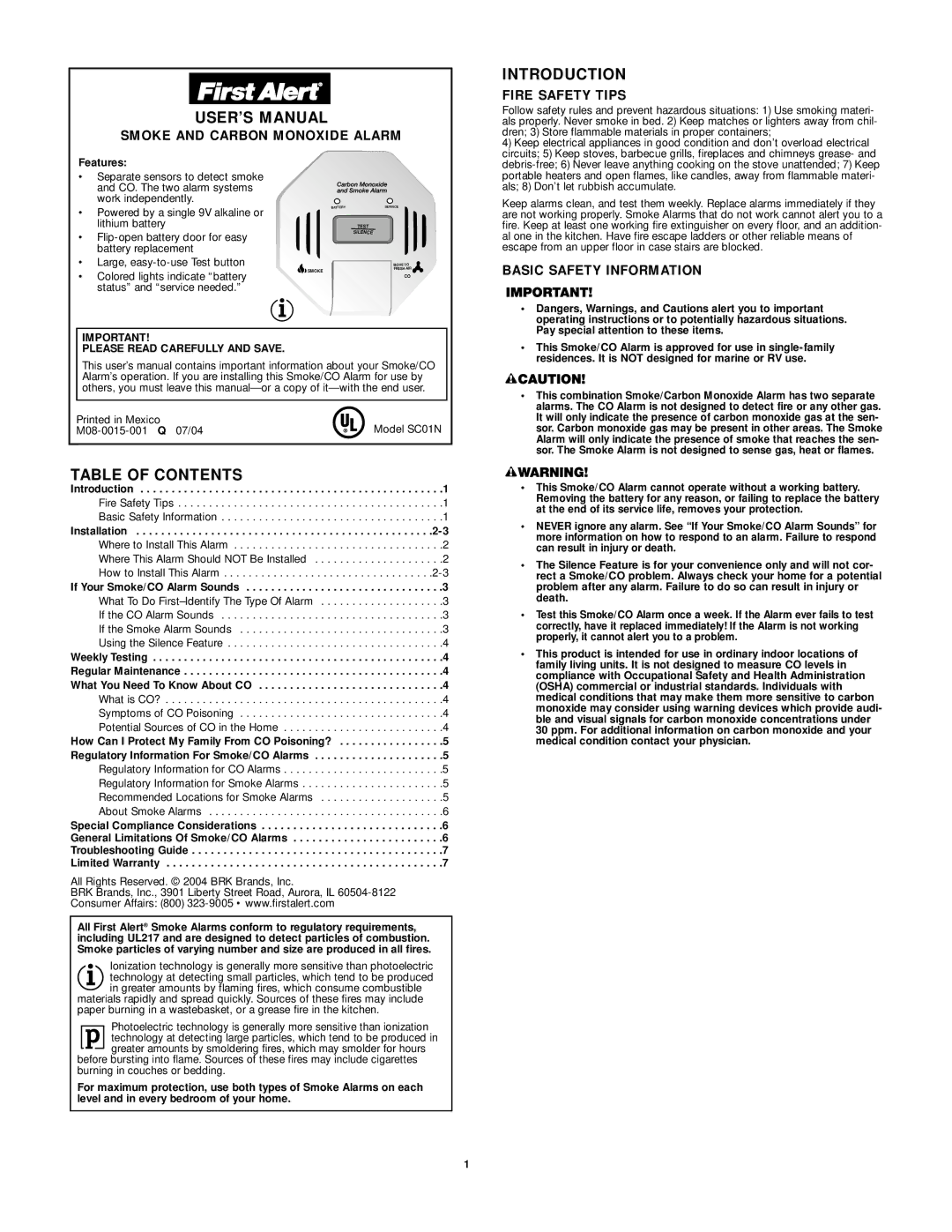 First Alert Carbon Monoxide Alarm user manual USER’S Manual, Introduction, Table of Contents 