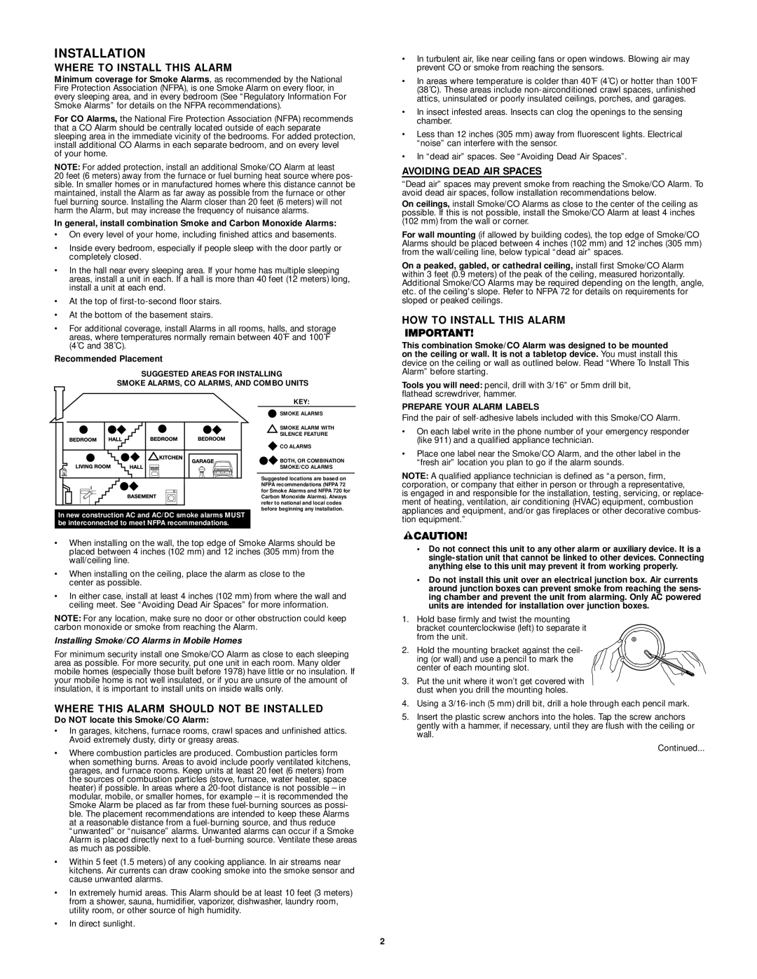 First Alert Carbon Monoxide Alarm Installation, Where to Install this Alarm, Where this Alarm should not be Installed 