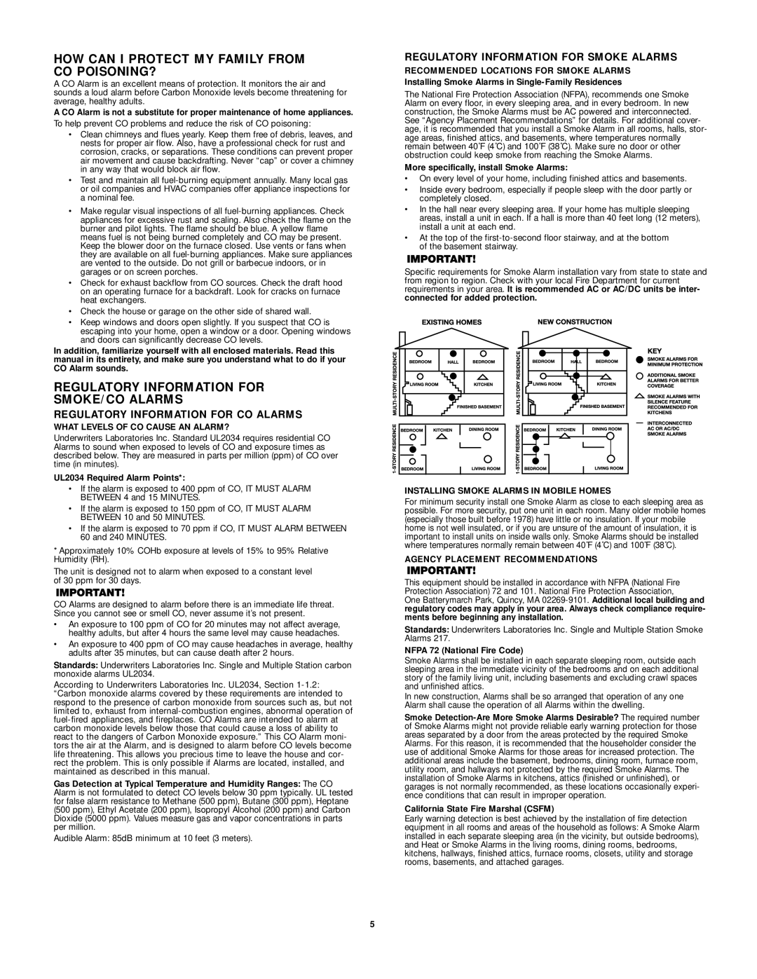 First Alert Carbon Monoxide Alarm HOW can I Protect MY Family from CO POISONING?, Regulatory Information for CO Alarms 