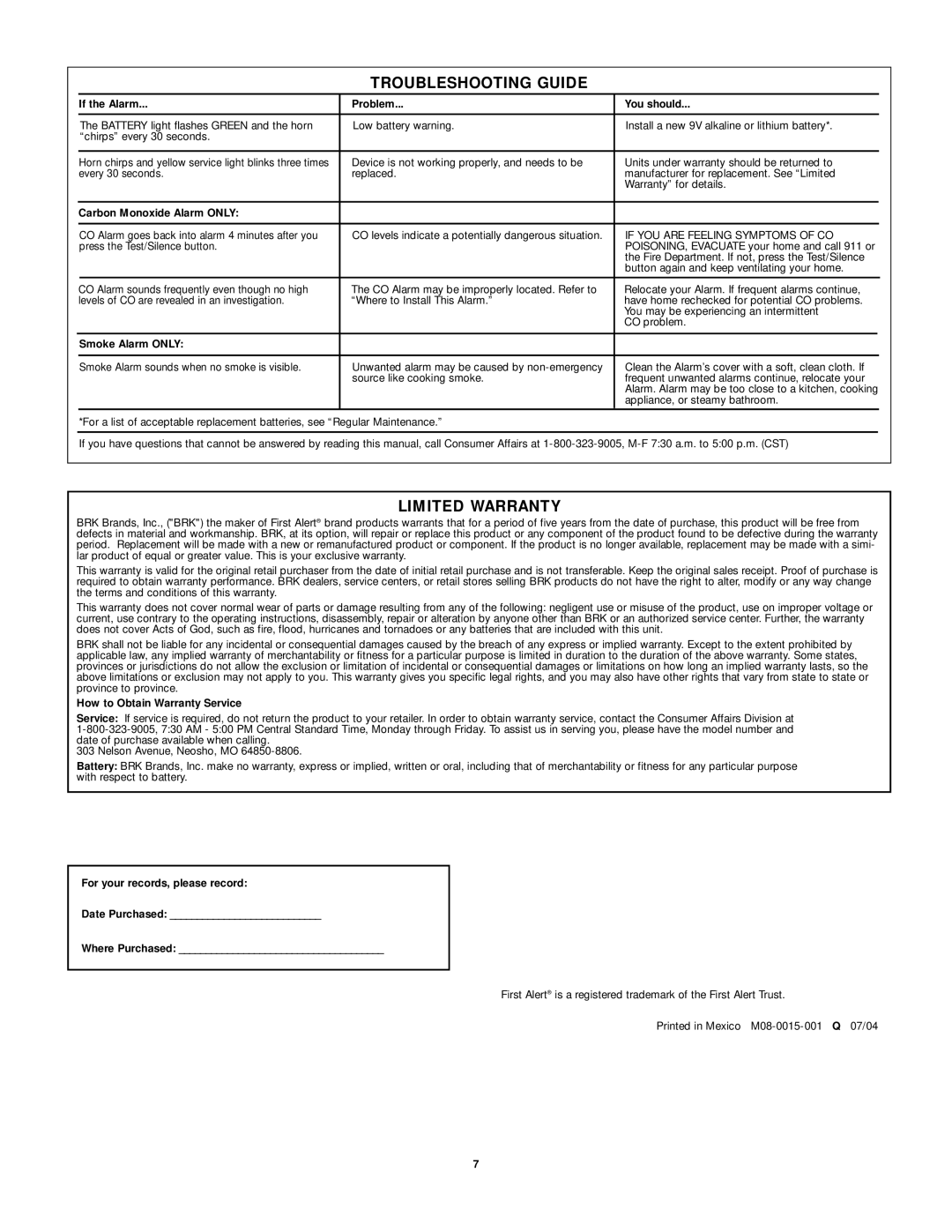 First Alert Carbon Monoxide Alarm user manual Troubleshooting Guide, Limited Warranty 