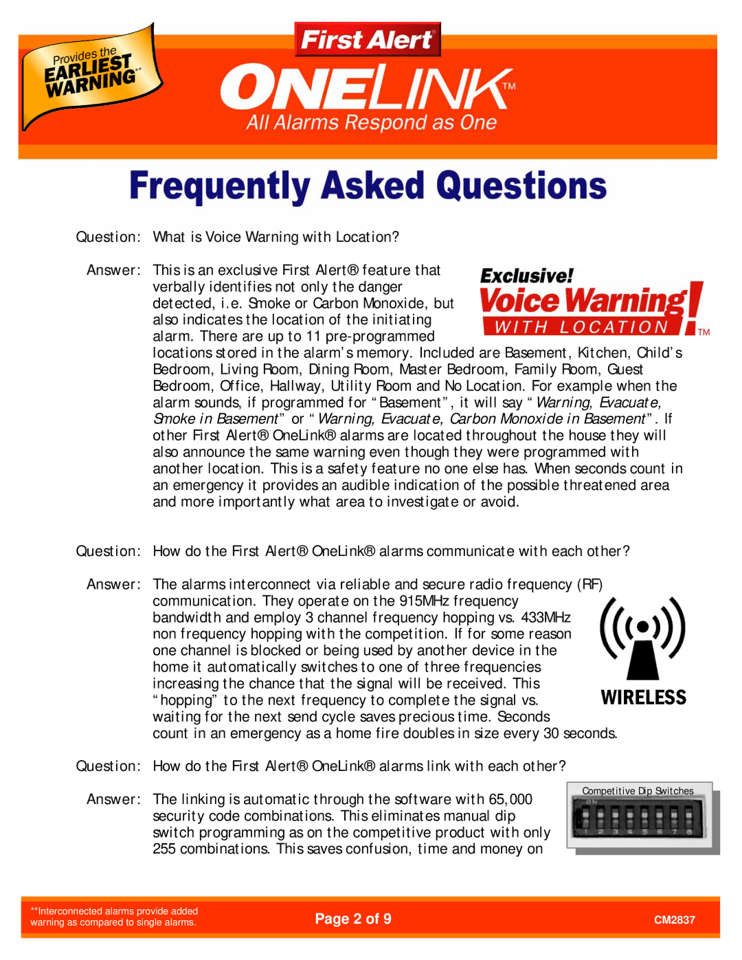 First Alert CM2837 manual Competitive Dip Switches 