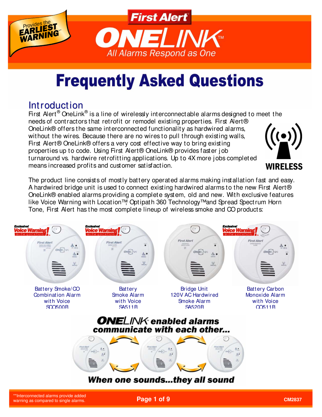 First Alert CM2837 manual Page 1 of, Introduction, Wireless 