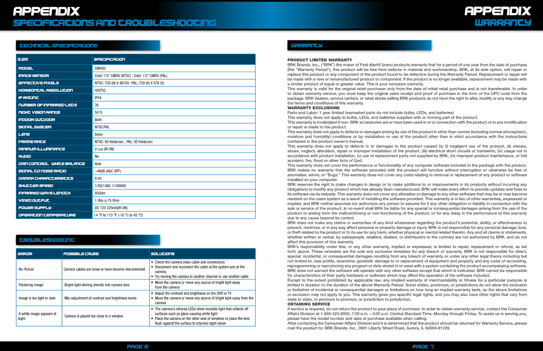 First Alert cm420 user manual Appendix, Specifications and Troubleshooting, Warranty 