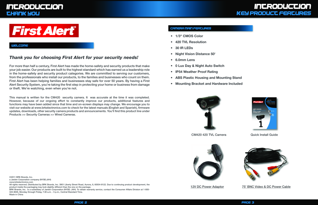 First Alert cm420 user manual introduction, thank you, key product features, Welcome, Camera Main Features, Page 