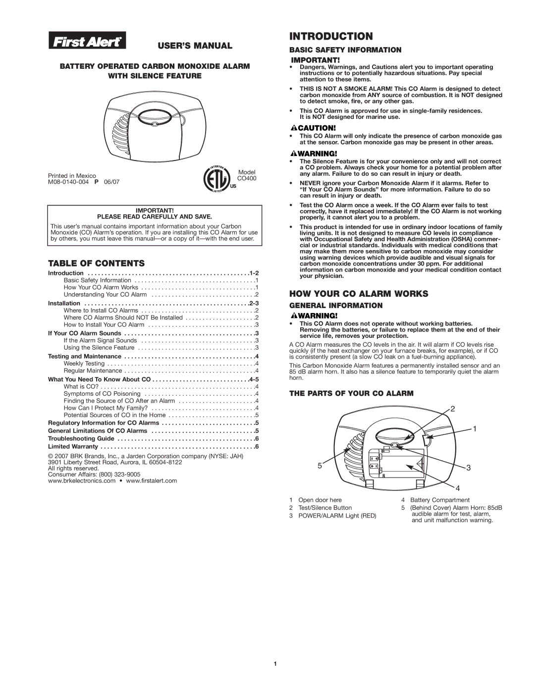 First Alert CO400 user manual Introduction, USER’S Manual, Table of Contents, HOW Your CO Alarm Works 