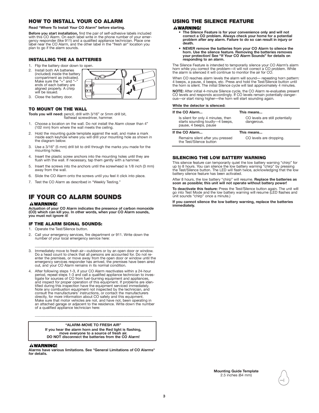 First Alert CO400 user manual If Your CO Alarm Sounds, HOW to Install Your CO Alarm, Using the Silence Feature 