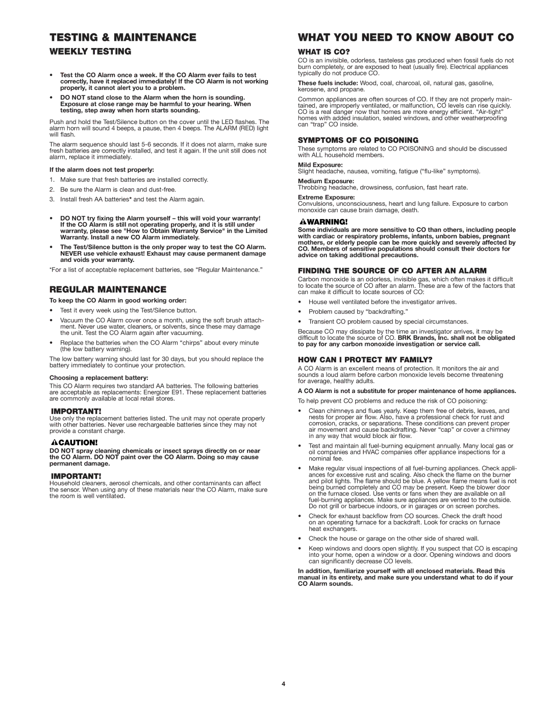 First Alert CO400 user manual Testing & Maintenance, What YOU Need to Know about CO, Weekly Testing, Regular Maintenance 