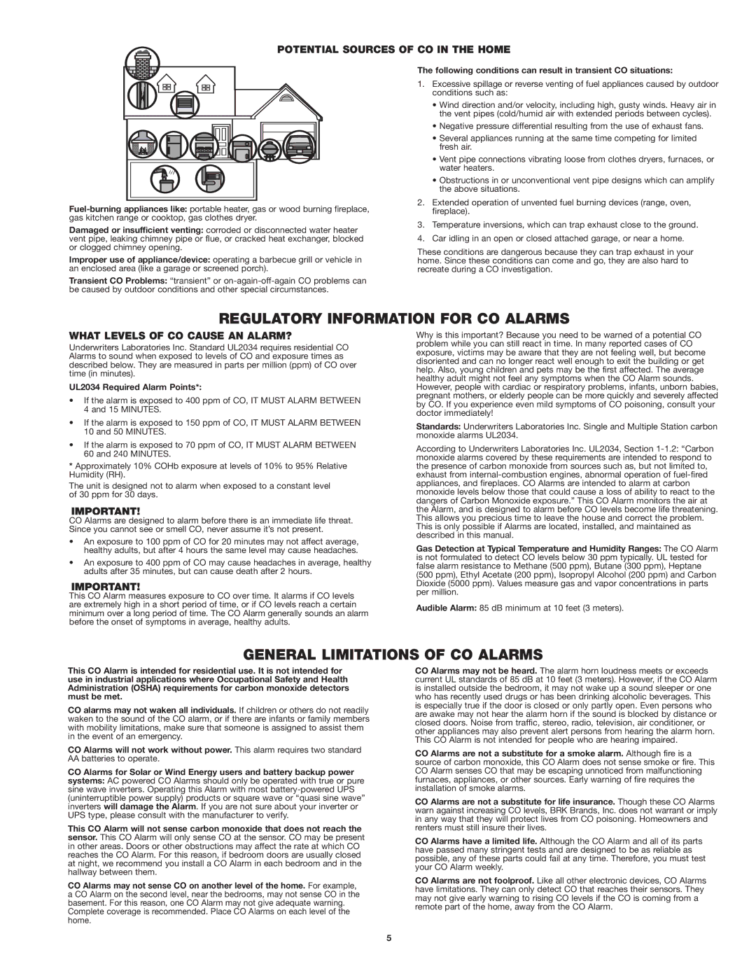 First Alert CO400 user manual Regulatory Information for CO Alarms, General Limitations of CO Alarms 