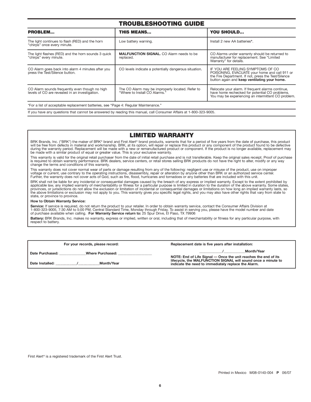 First Alert CO400 user manual Troubleshooting Guide, Limited Warranty, Problem This Means YOU should 