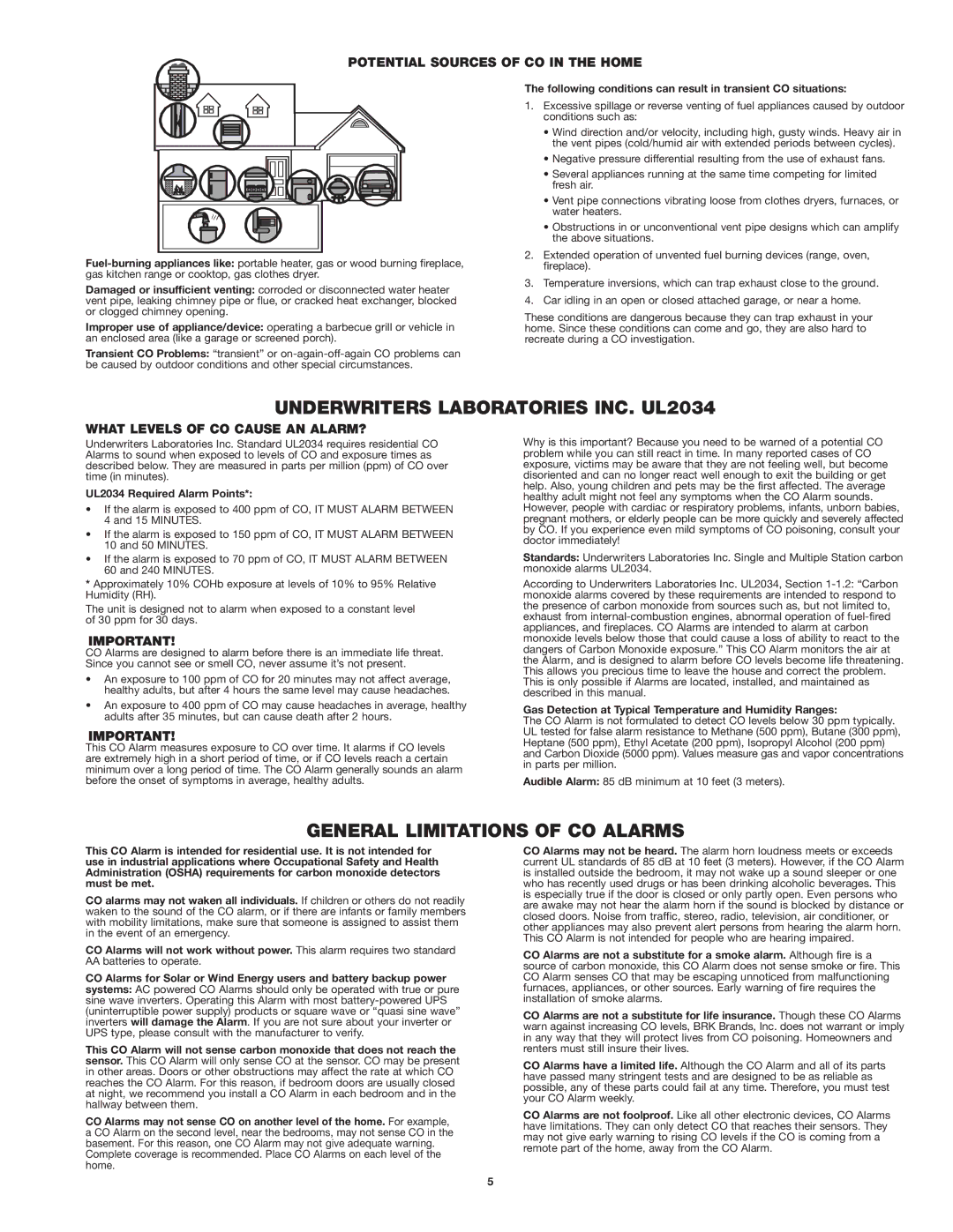 First Alert CO410 user manual Underwriters Laboratories INC. UL2034, General Limitations of CO Alarms 