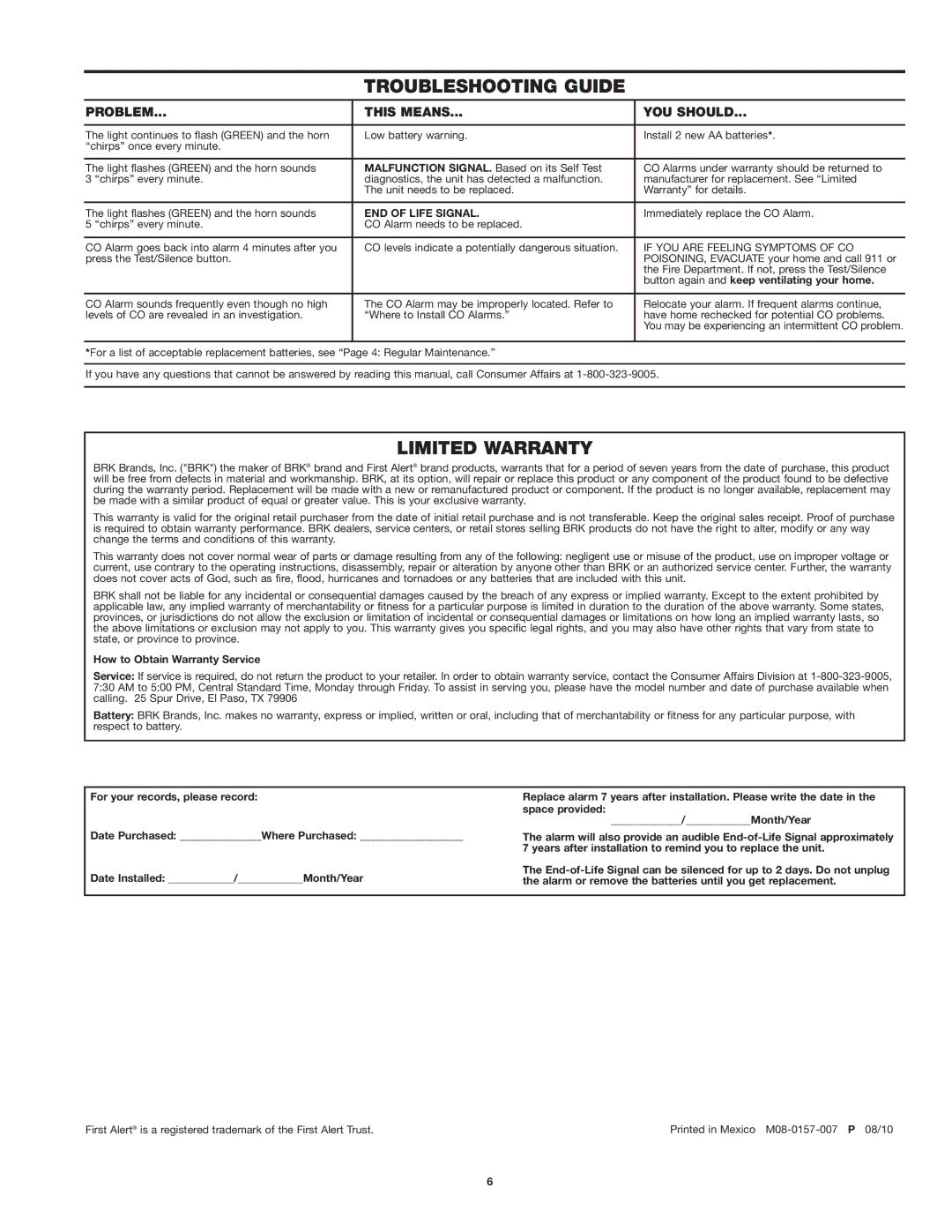 First Alert CO410 user manual Troubleshooting Guide, Limited Warranty, Problem This Means YOU should, END of Life Signal 